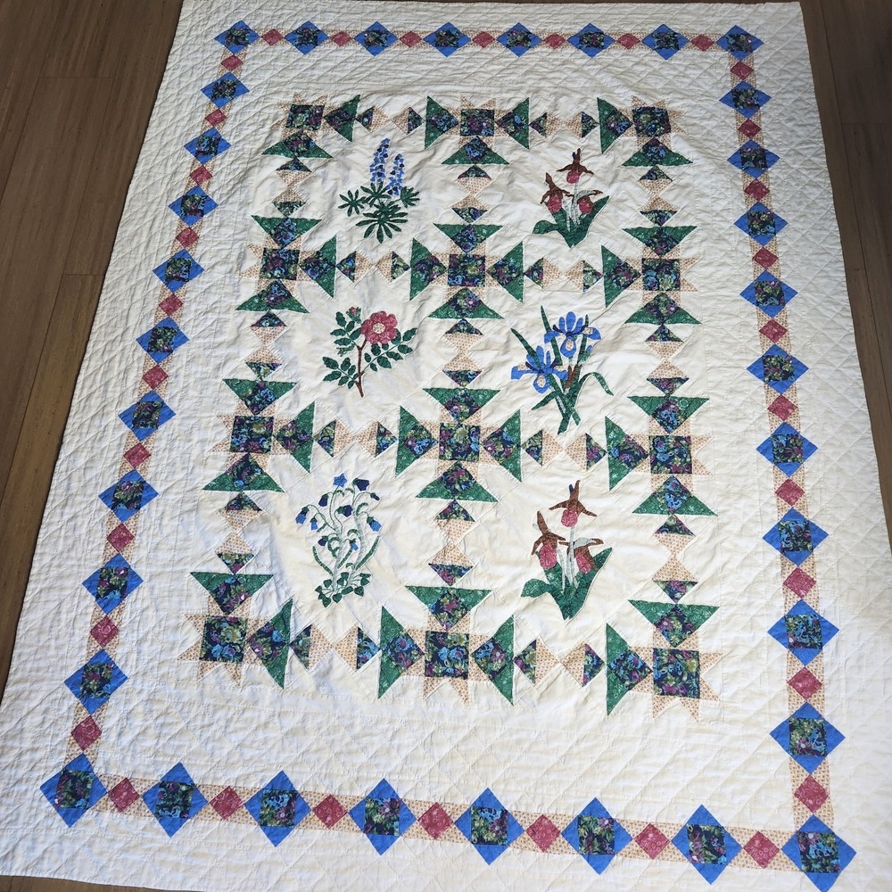 Vtg LL Bean Freeport Maine Botanical Block Applique Patchwork Quilt 62 X 80"